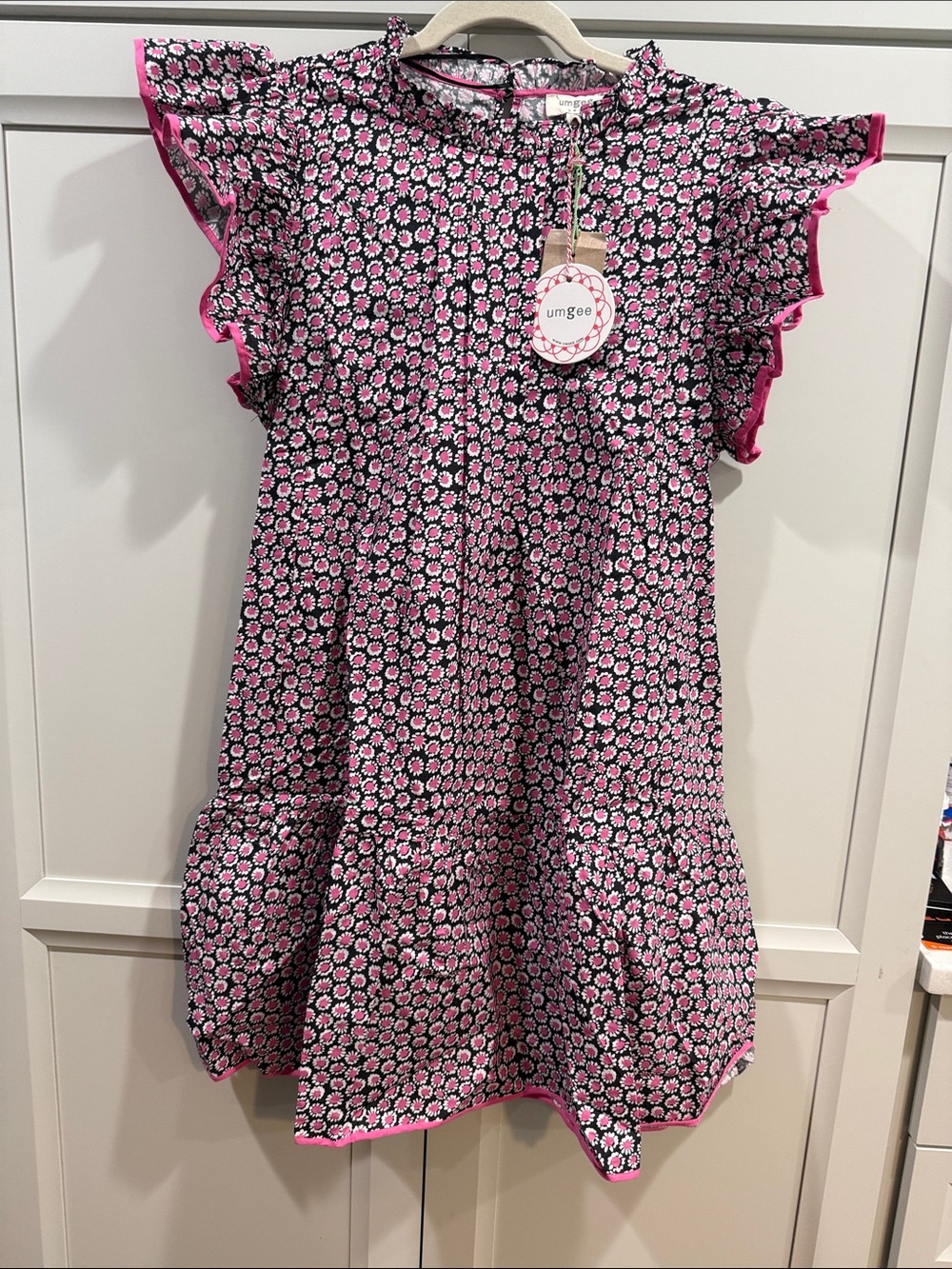 Umgee Black and Pink Floral Ditsy Print Ruffle Cap Sleeve Tiered Mini Dress NWT